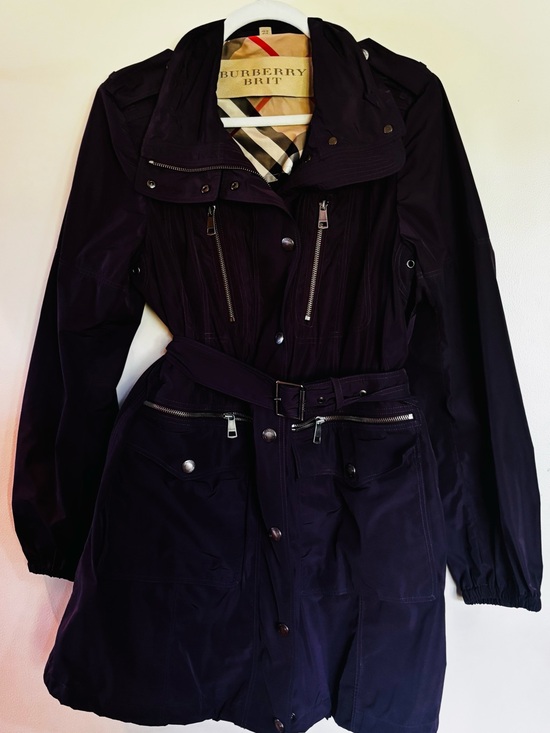 Burberry Jackets & Blazers - Burberry Dark Purple Belted Trench Coat with Zip Details